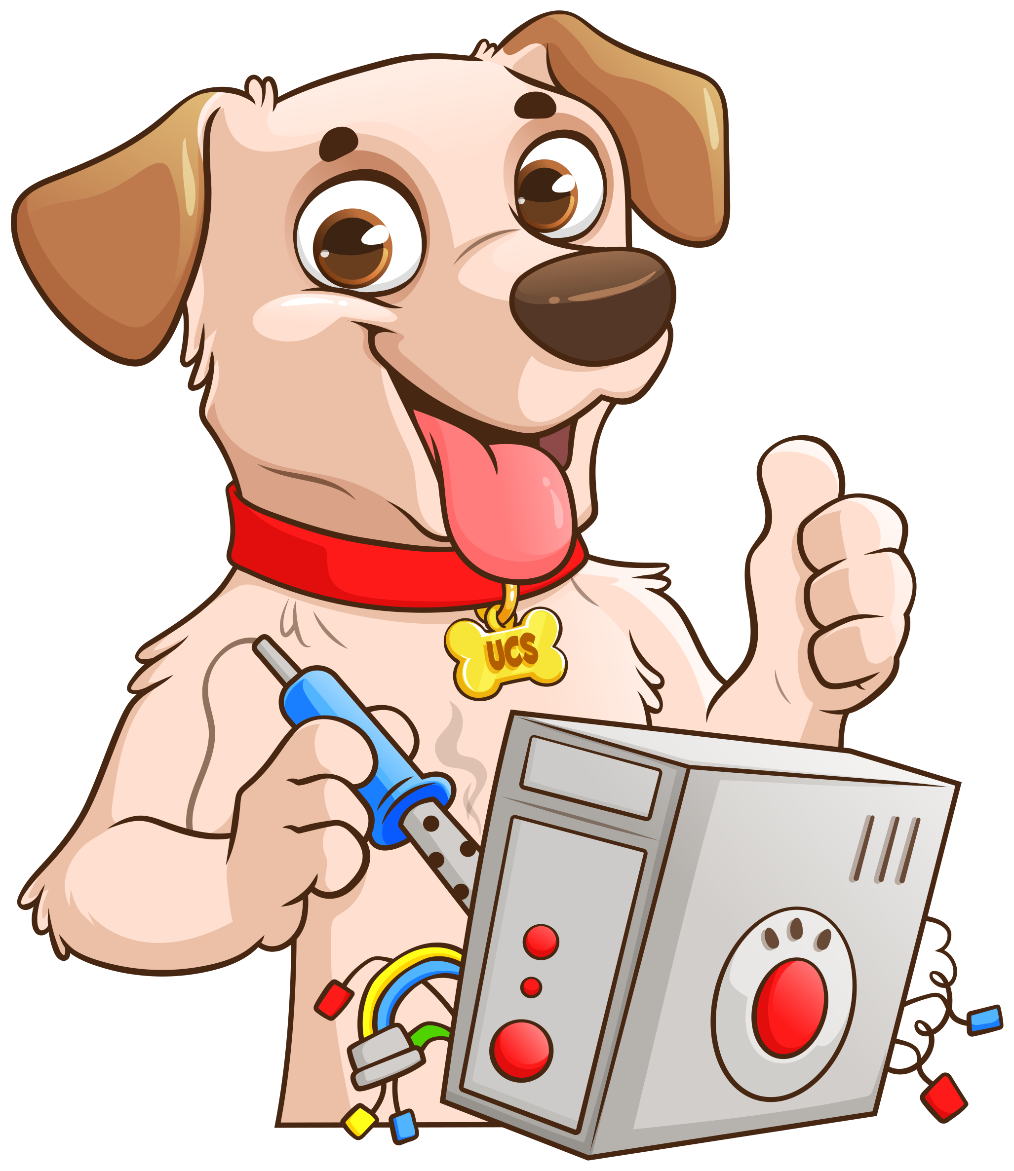 ByteRetriever, the friendly UCS dog mascot, holding a screwdriver and giving a thumbs-up while working on a computer.
